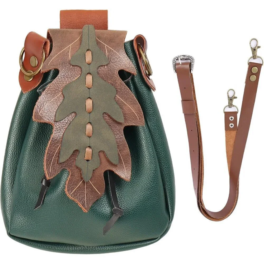 Renaissance Leaf Purse Faux Leather Medieval Belt Pouch Vintage ELF Accessory